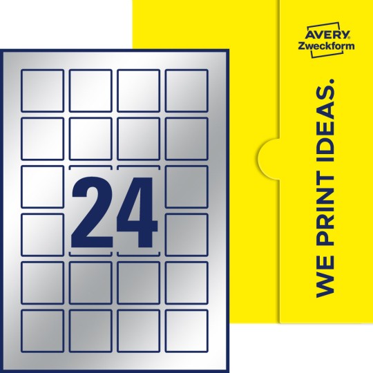 Packungsabbildung inklusive Stanzzeichnung Einzelbogen A4, Etiketten, 40 x 40 mm, 24 Etiketten/Bogen, Quadratisch