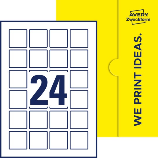 Packungsabbildung inklusive Stanzzeichnung Einzelbogen A4, Etiketten, 40 x 40 mm, 24 Etiketten/Bogen, Quadratisch