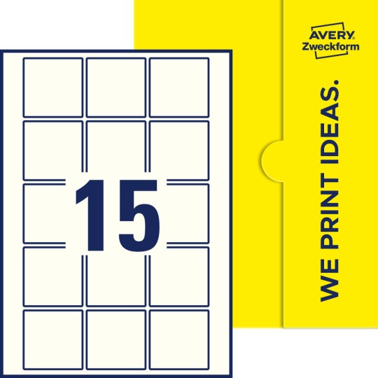 Packungsabbildung inklusive Stanzzeichnung Einzelbogen A4, Etiketten, 55 x 55 mm, 15 Etiketten/Bogen, Quadratisch