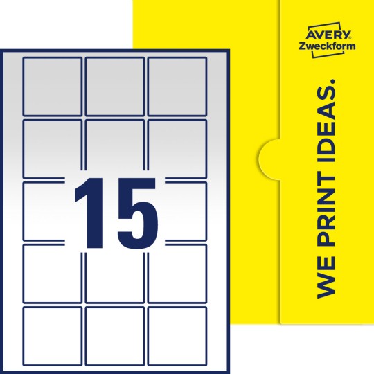 Packungsabbildung inklusive Stanzzeichnung Einzelbogen A4, Etiketten, 55 x 55 mm, 15 Etiketten/Bogen, Quadratisch