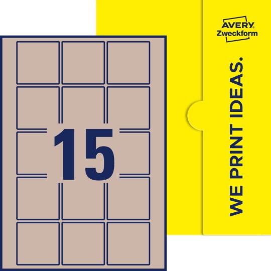 Packungsabbildung inklusive Stanzzeichnung Einzelbogen A4, Etiketten, 55 x 55 mm, 15 Etiketten/Bogen, Quadratisch