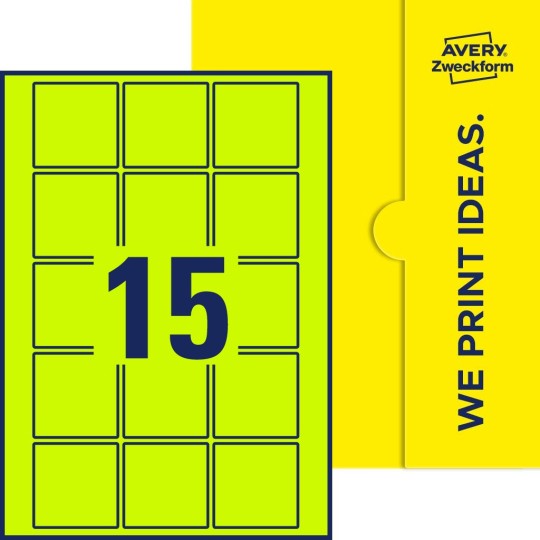 Packungsabbildung inklusive Stanzzeichnung Einzelbogen A4, Etiketten, 55 x 55 mm, 15 Etiketten/Bogen, Quadratisch