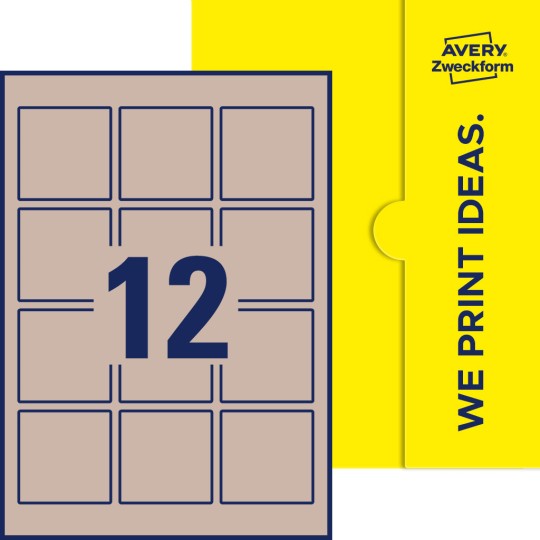 Packungsabbildung inklusive Stanzzeichnung Einzelbogen A4, Etiketten, 60 x 60 mm, 12 Etiketten/Bogen, Quadratisch