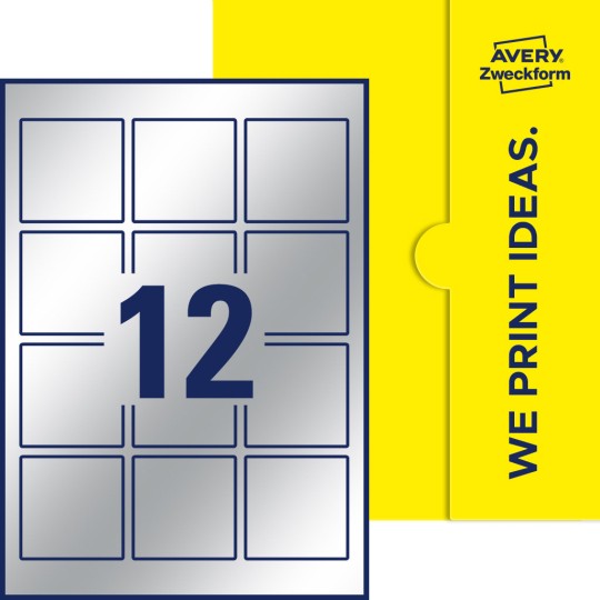 Packungsabbildung inklusive Stanzzeichnung Einzelbogen A4, Etiketten, 60 x 60 mm, 12 Etiketten/Bogen, Quadratisch