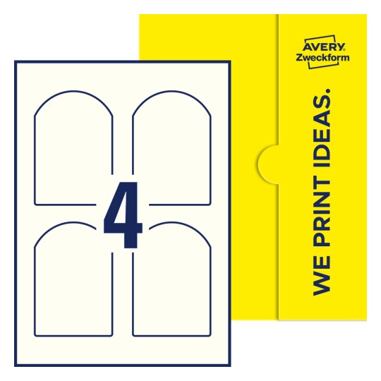 Packungsabbildung inlusive Stanze, Einzelbogen A4, Artikel 75x110-AR, 75 x 110 mm, 4 Etiketten/Bogen - Bogenförmige Etiketten, 75 x 110 mm