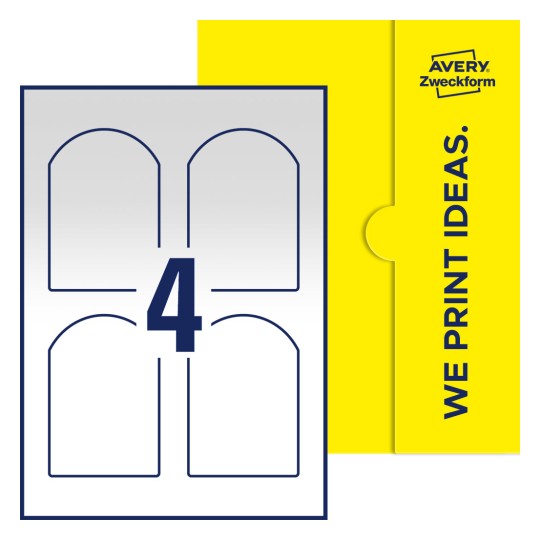 Packungsabbildung inlusive Stanze, Einzelbogen A4, Artikel 75x110-AR, 75 x 110 mm, 4 Etiketten/Bogen - Bogenförmige Etiketten, 75 x 110 mm