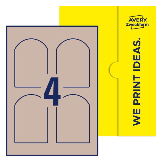 Packungsabbildung inlusive Stanze, Einzelbogen A4, Artikel 75x110-AR, 75 x 110 mm, 4 Etiketten/Bogen - Bogenförmige Etiketten, 75 x 110 mm