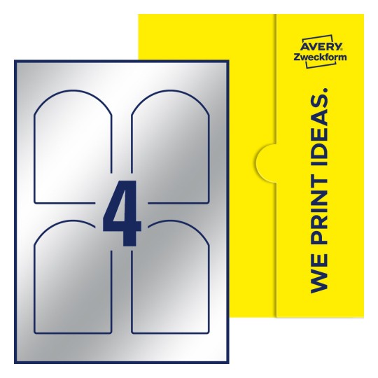 Packungsabbildung inlusive Stanze, Einzelbogen A4, Artikel 75x110-AR, 75 x 110 mm, 4 Etiketten/Bogen - Bogenförmige Etiketten, 75 x 110 mm