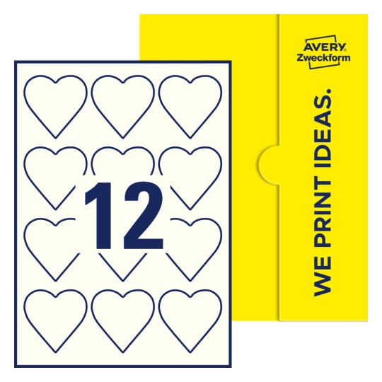 Packungsabbildung inklusive Stanzzeichnung Einzelbogen A4, Etiketten, 60 x 60 mm, 12 Etiketten/Bogen, Herz - Herzförmige Etiketten, 60 x 60 mm