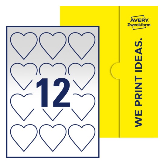 Packungsabbildung inklusive Stanzzeichnung Einzelbogen A4, Etiketten, 60 x 60 mm, 12 Etiketten/Bogen, Herz - Herzförmige Etiketten, 60 x 60 mm