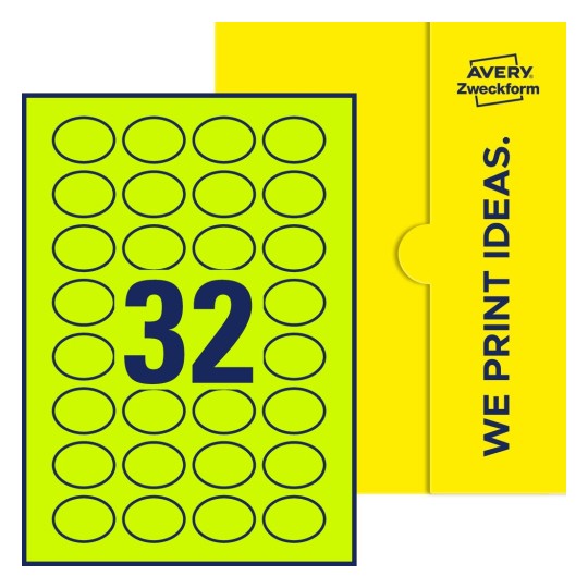Packungsabbildung inklusive Stanzzeichnung Einzelbogen A4, Etiketten, 40 x 30 mm, 32 Etiketten/Bogen, Oval - Ovale Etiketten, 40 x 30 mm