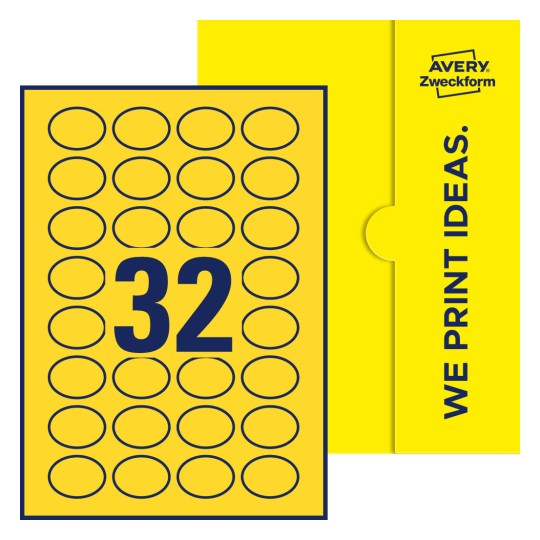 Packungsabbildung inklusive Stanzzeichnung Einzelbogen A4, Etiketten, 40 x 30 mm, 32 Etiketten/Bogen, Oval - Ovale Etiketten, 40 x 30 mm