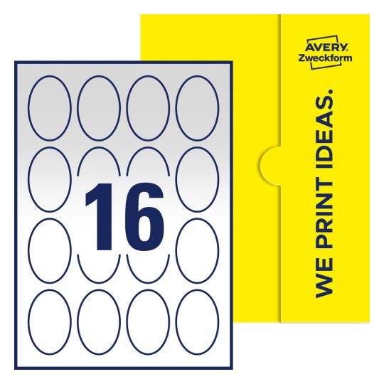 Packungsabbildung inklusive Stanzzeichnung Einzelbogen A4, Etiketten, 45 x 65 mm, 16 Etiketten/Bogen, Oval - Ovale Etiketten, 45 x 65 mm