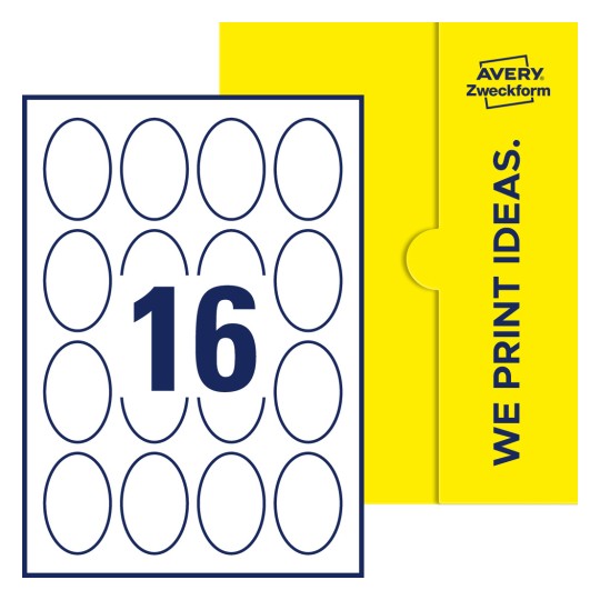 Packungsabbildung inklusive Stanzzeichnung Einzelbogen A4, Etiketten, 45 x 65 mm, 16 Etiketten/Bogen, Oval - Ovale Etiketten, 45 x 65 mm