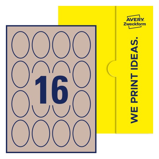 Packungsabbildung inklusive Stanzzeichnung Einzelbogen A4, Etiketten, 45 x 65 mm, 16 Etiketten/Bogen, Oval - Ovale Etiketten, 45 x 65 mm
