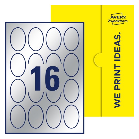 Packungsabbildung inklusive Stanzzeichnung Einzelbogen A4, Etiketten, 45 x 65 mm, 16 Etiketten/Bogen, Oval - Ovale Etiketten, 45 x 65 mm