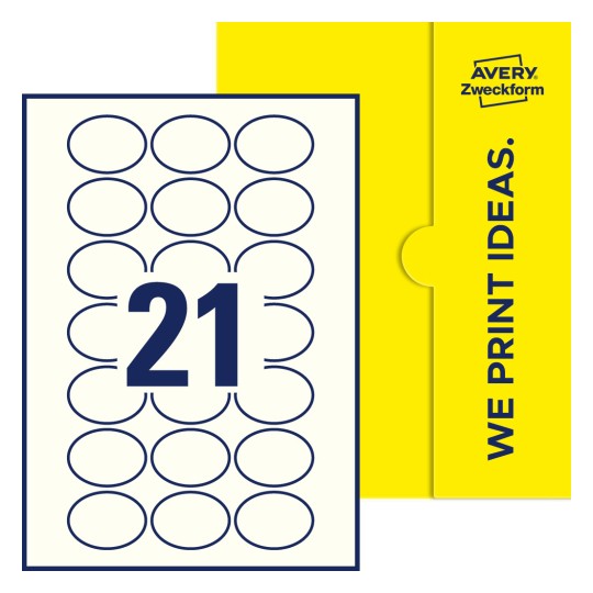 Packungsabbildung inklusive Stanzzeichnung Einzelbogen A4, Etiketten, 50 x 37 mm, 21 Etiketten/Bogen, Oval - Ovale Etiketten, 50 x 37 mm