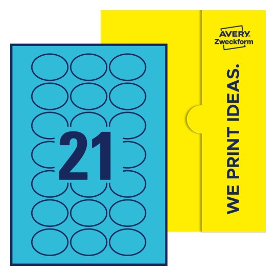 Packungsabbildung inklusive Stanzzeichnung Einzelbogen A4, Etiketten, 50 x 37 mm, 21 Etiketten/Bogen, Oval - Ovale Etiketten, 50 x 37 mm