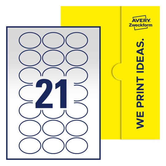 Packungsabbildung inklusive Stanzzeichnung Einzelbogen A4, Etiketten, 50 x 37 mm, 21 Etiketten/Bogen, Oval - Ovale Etiketten, 50 x 37 mm