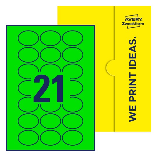 Packungsabbildung inklusive Stanzzeichnung Einzelbogen A4, Etiketten, 50 x 37 mm, 21 Etiketten/Bogen, Oval - Ovale Etiketten, 50 x 37 mm