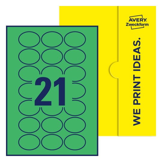 Packungsabbildung inklusive Stanzzeichnung Einzelbogen A4, Etiketten, 50 x 37 mm, 21 Etiketten/Bogen, Oval - Ovale Etiketten, 50 x 37 mm