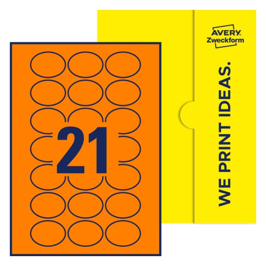 Packungsabbildung inklusive Stanzzeichnung Einzelbogen A4, Etiketten, 50 x 37 mm, 21 Etiketten/Bogen, Oval - Ovale Etiketten, 50 x 37 mm