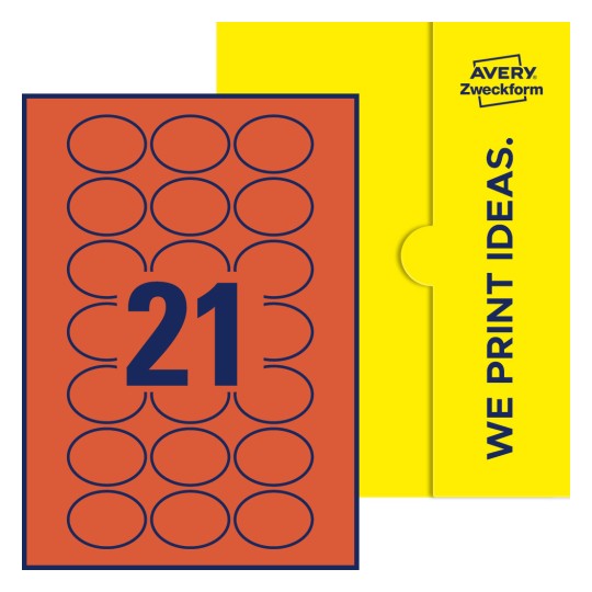 Packungsabbildung inklusive Stanzzeichnung Einzelbogen A4, Etiketten, 50 x 37 mm, 21 Etiketten/Bogen, Oval - Ovale Etiketten, 50 x 37 mm