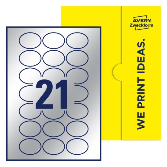 Packungsabbildung inklusive Stanzzeichnung Einzelbogen A4, Etiketten, 50 x 37 mm, 21 Etiketten/Bogen, Oval - Ovale Etiketten, 50 x 37 mm