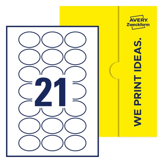 Packungsabbildung inklusive Stanzzeichnung Einzelbogen A4, Etiketten, 50 x 37 mm, 21 Etiketten/Bogen, Oval - Ovale Etiketten, 50 x 37 mm