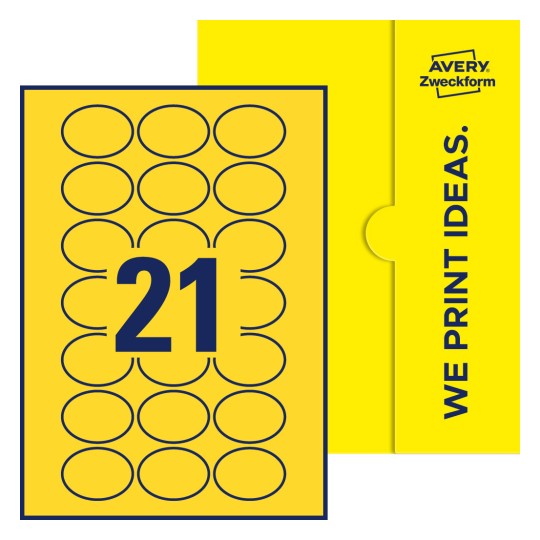 Packungsabbildung inklusive Stanzzeichnung Einzelbogen A4, Etiketten, 50 x 37 mm, 21 Etiketten/Bogen, Oval - Ovale Etiketten, 50 x 37 mm