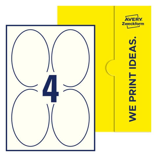 Packungsabbildung inlusive Stanze, Einzelbogen A4, Artikel 90x136-O, 90 x 136 mm, 4 Etiketten/Bogen - Ovale Etiketten, 90 x 136 mm