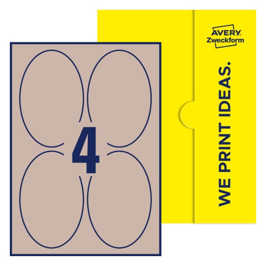 Packungsabbildung inlusive Stanze, Einzelbogen A4, Artikel 90x136-O, 90 x 136 mm, 4 Etiketten/Bogen - Ovale Etiketten, 90 x 136 mm