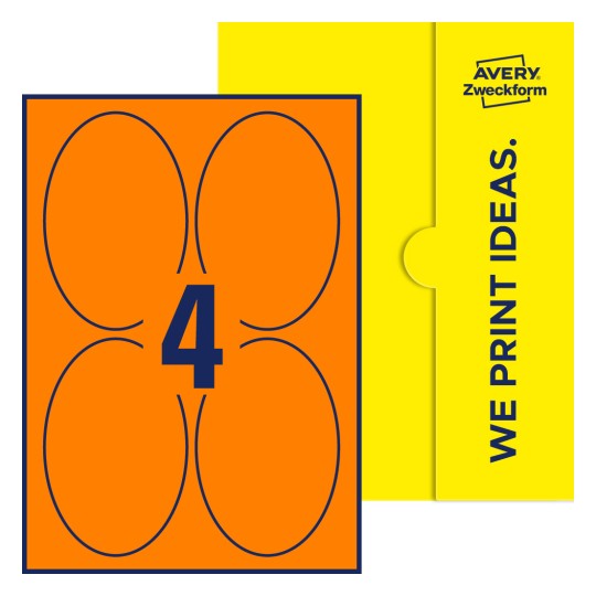 Packungsabbildung inlusive Stanze, Einzelbogen A4, Artikel 90x136-O, 90 x 136 mm, 4 Etiketten/Bogen - Ovale Etiketten, 90 x 136 mm