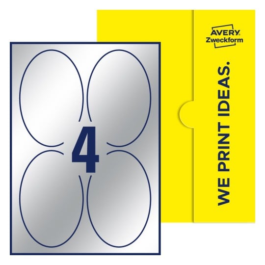 Packungsabbildung inlusive Stanze, Einzelbogen A4, Artikel 90x136-O, 90 x 136 mm, 4 Etiketten/Bogen - Ovale Etiketten, 90 x 136 mm