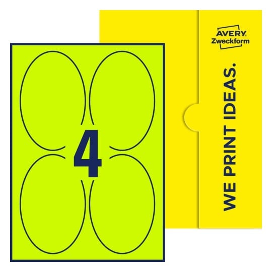 Packungsabbildung inlusive Stanze, Einzelbogen A4, Artikel 90x136-O, 90 x 136 mm, 4 Etiketten/Bogen - Ovale Etiketten, 90 x 136 mm