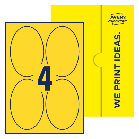 Packungsabbildung inlusive Stanze, Einzelbogen A4, Artikel 90x136-O, 90 x 136 mm, 4 Etiketten/Bogen - Ovale Etiketten, 90 x 136 mm