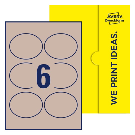 Packungsabbildung inlusive Stanze, Einzelbogen A4, Artikel 90x70-O, 90 x 70 mm, 6 Etiketten/Bogen - Ovale Etiketten, 90 x 70 mm