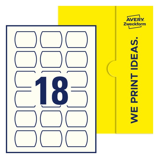 Packungsabbildung inklusive Stanzzeichnung Einzelbogen A4, Etiketten, 50 x 37 mm, 18 Etiketten/Bogen, Gerades Oval - Gerades Oval Etiketten, 50 x 37 mm