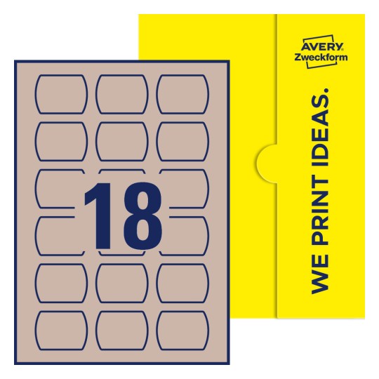 Packungsabbildung inklusive Stanzzeichnung Einzelbogen A4, Etiketten, 50 x 37 mm, 18 Etiketten/Bogen, Gerades Oval - Gerades Oval Etiketten, 50 x 37 mm
