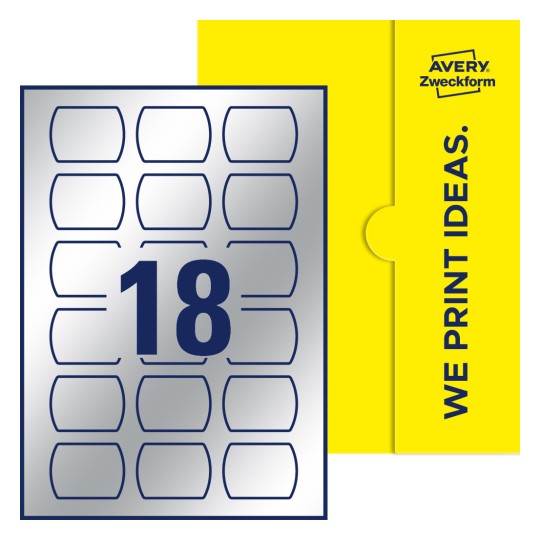 Packungsabbildung inklusive Stanzzeichnung Einzelbogen A4, Etiketten, 50 x 37 mm, 18 Etiketten/Bogen, Gerades Oval - Gerades Oval Etiketten, 50 x 37 mm