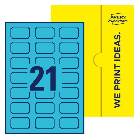 Packungsabbildung inklusive Stanzzeichnung Einzelbogen A4, Etiketten, 50 x 30 mm, 21 Etiketten/Bogen, Plakette - Plakettenförmige Etiketten, 50 x 30 mm