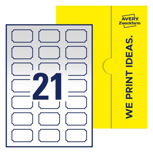 Packungsabbildung inklusive Stanzzeichnung Einzelbogen A4, Etiketten, 50 x 30 mm, 21 Etiketten/Bogen, Plakette - Plakettenförmige Etiketten, 50 x 30 mm