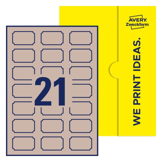 Packungsabbildung inklusive Stanzzeichnung Einzelbogen A4, Etiketten, 50 x 30 mm, 21 Etiketten/Bogen, Plakette - Plakettenförmige Etiketten, 50 x 30 mm