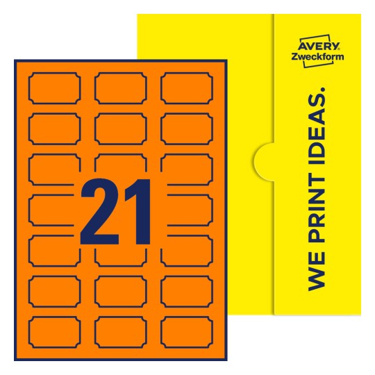 Packungsabbildung inklusive Stanzzeichnung Einzelbogen A4, Etiketten, 50 x 30 mm, 21 Etiketten/Bogen, Plakette - Plakettenförmige Etiketten, 50 x 30 mm