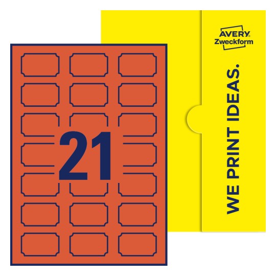 Packungsabbildung inklusive Stanzzeichnung Einzelbogen A4, Etiketten, 50 x 30 mm, 21 Etiketten/Bogen, Plakette - Plakettenförmige Etiketten, 50 x 30 mm