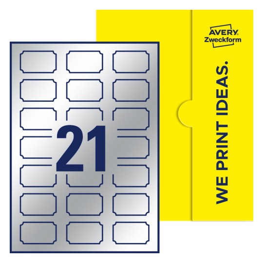 Packungsabbildung inklusive Stanzzeichnung Einzelbogen A4, Etiketten, 50 x 30 mm, 21 Etiketten/Bogen, Plakette - Plakettenförmige Etiketten, 50 x 30 mm