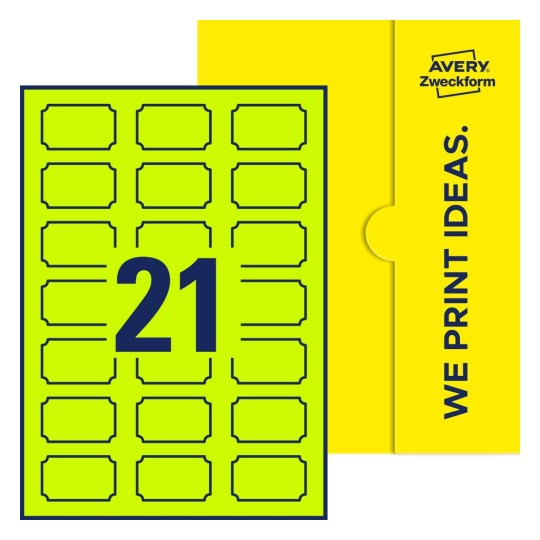 Packungsabbildung inklusive Stanzzeichnung Einzelbogen A4, Etiketten, 50 x 30 mm, 21 Etiketten/Bogen, Plakette - Plakettenförmige Etiketten, 50 x 30 mm