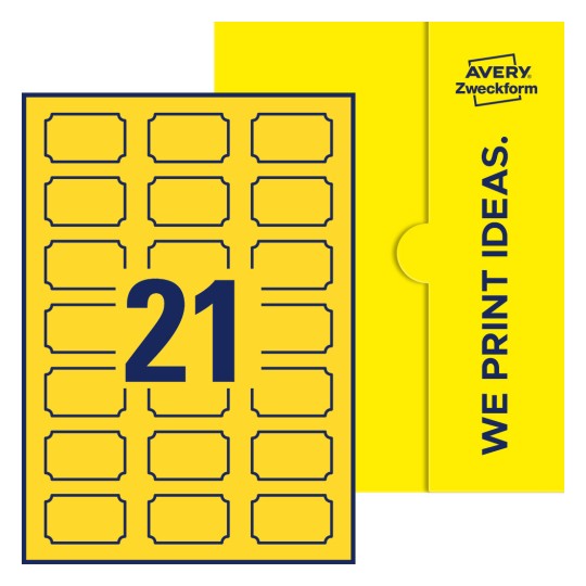 Packungsabbildung inklusive Stanzzeichnung Einzelbogen A4, Etiketten, 50 x 30 mm, 21 Etiketten/Bogen, Plakette - Plakettenförmige Etiketten, 50 x 30 mm
