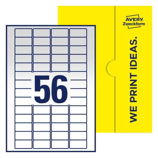 Packungsabbildung inklusive Stanzzeichnung Einzelbogen A4, Etiketten, 40 x 20 mm, 56 Etiketten/Bogen, Rechteckig - Rechteckige Etiketten, 40 x 20 mm