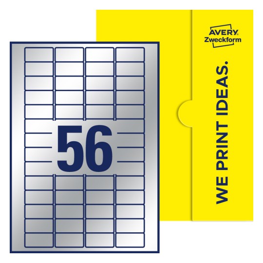 Packungsabbildung inklusive Stanzzeichnung Einzelbogen A4, Etiketten, 40 x 20 mm, 56 Etiketten/Bogen, Rechteckig - Rechteckige Etiketten, 40 x 20 mm